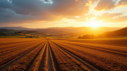 Naklejka premium Beautiful sunrise over a large field with rows of freshly cultivated soil under clear skies.