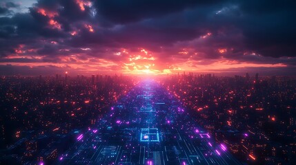 Obraz premium A futuristic cityscape stretches beneath a vibrant sunset.