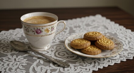 Floral Teacup with Coffee and Buttery Cookies on Lace Doily