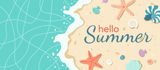 Sea background. Vector illustration of summer beach with seashells, starfish, scallop in flat style. Nature landscape with top view.