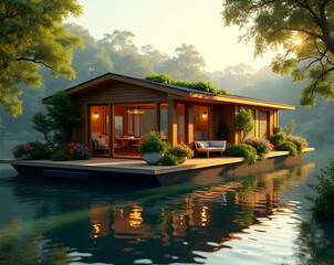 Obraz premium Tranquil Retreat, A Modern Floating House Amidst Lush Greenery Reflecting on Calm Waters, bathed in the warm sunlight of nature's embrace for a serene escape
