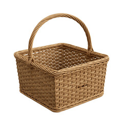 Obraz premium Realistic wicker basket with woven pattern, square base, curved handles, and natural light brown color, isolated on transparent background, png