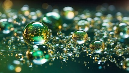 A close-up of iridescent bubbles floating in a vibrant green background, with shimmering golden and white highlights