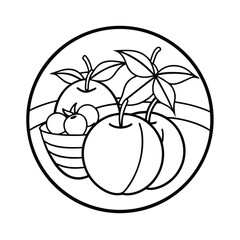 Apple still life black and white illustration of basket fruits within circular frame