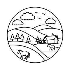 Minimalist countryside landscape with house horses trees and clouds in a circle