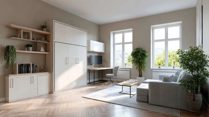 Functional design and space efficiency, modern simplicity, A modern, well-lit living room featuring minimalist furniture, large windows, and plants, creating a cozy and inviting atmosphere.