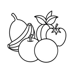 Black and white line art illustration of various fruits for coloring or educational purposes