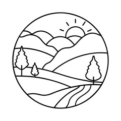 Minimalist landscape with mountains,trees,and sun in circular frame outlined black