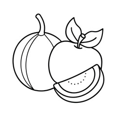 Simple black and white illustration of apple pumpkin and melon slice outlines
