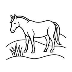 Simple horse outline illustration standing on a hillside black and white vector image