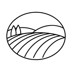 Vineyard landscape outline icon with hills and trees in a minimalist style
