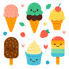 Cute colorful ice cream cones, popsicles, and desserts with smiling faces, hearts, and fruit decorations on white background