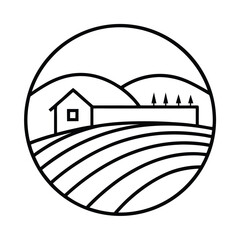 Minimalist farm landscape with fields,hills,house,and trees in a circular frame