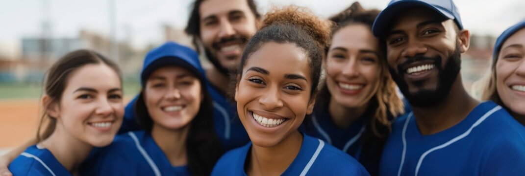 A diverse group of friends, smiling and sporting matching blue team jerseys, captures the joy and camaraderie experienced during a fun day at the baseball field.