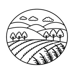 Simple minimalist landscape illustration with fields trees and clouds in circular frame black and white