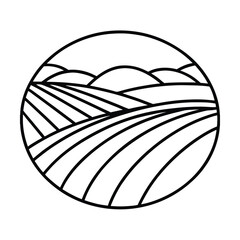 Minimalist line art landscape farm fields with hills in round frame simple design