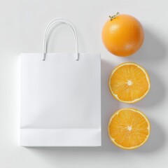 White Paper Bag Mockup with Fresh Orange Fruit Slices