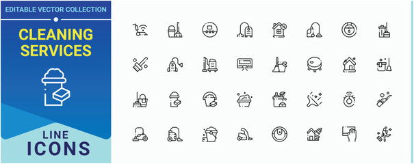 Cleaning Services icon collection. Included housework, detergent, disinfect, house, disinfection, washing and more. Home Cleaning icon set. Thin icons set. Editable vector stroke.