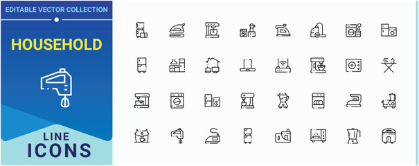 Set of Household line icon. Contain linear symbols house, domestic, wash, kitchen, cook and more. Household Appliances icon set. Modern linear icons. Editable vector art and illustration.