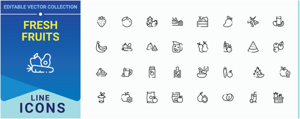 Fresh Fruits icon set. Includes thin line symbols fresh juicy apple, healthy and more. Fruits icon collection. Minimal icons set. Pixel perfect. Editable vector.