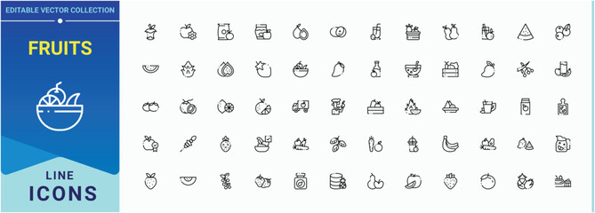 Fruits icon set. Includes thin line symbols fruit, apple, healthy, fresh food and more. Outline icons in linear style. Fresh Fruits icon set in linear style. Signs for web and mobile app.
