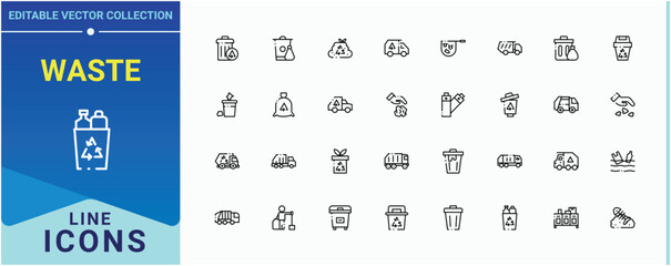 Waste icon set. Includes symbols for recycling, bin, pollution, junk, trash and more. Garbage line icon set. Minimalist linear icons. Editable stroke vector art.