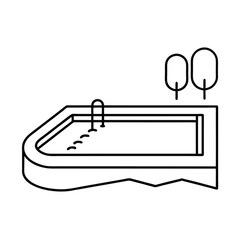 Minimalist line art illustration of a swimming pool with ladder and trees in black and white