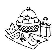 Fruits in basket and shopping bag picnic outlined black and white vector illustration