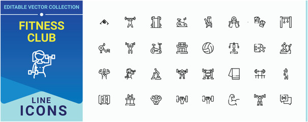 Fitness Club linear icon collection. Contains such icons as athletic, fitness, sport, equipment, exercise, healthy and more. Gym related icon set. Outline icons in linear style. Editable vector art.
