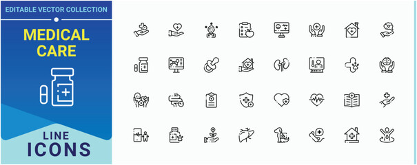 Medical Care icon set in linear style. Contains such symbols as clinic, pharmacy, care, patient, hospital, medicine, disease and more. Health Care icon set. Minimalist linear icons. Editable stroke.