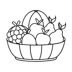 Monochrome vector illustration of a fruit basket featuring apples grapes pears and watermelon