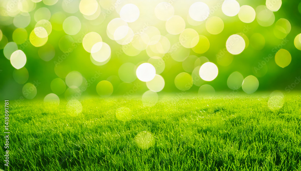 Poster bright sunlight illuminating a lush green field with vibrant bokeh effects in the background during 
