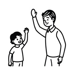 Father and son waving hand drawn style vector illustration simple black and white design