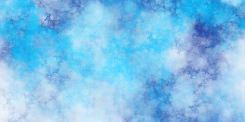 Blue sky with white clouds as background. Nature land romantic sky. Navy Blue designed grunge texture in vintage background. Abstract Aquarelle painted cloudy blue sky various natural clouds and smoke