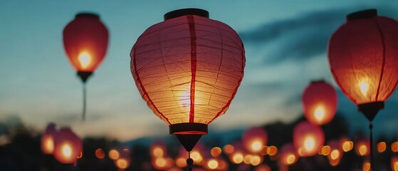 Obraz premium Floating Lanterns Illumination Against a Twilight Sky at an Outdoor Celebration