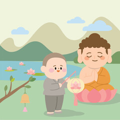Buddha’s Birthday Illustration with Little Monk and Lantern