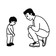 Dad comforting son black and white outline father squatting talking to child fatherhood concept illustration