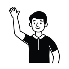 Line art illustration of a young man waving with a smiling expression isolated on white