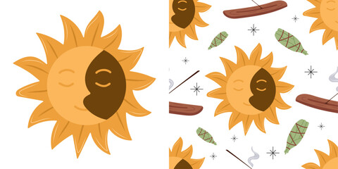 Boho sun and moon seamless pattern with mystical celestial faces, incense sticks, sage bundles, and stars on white background — perfect for spiritual designs, esoteric textiles, and meditation-themed 