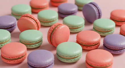 Obraz premium Colorful Macarons Delightful Composition On Light Pink Backdrop For Food Photography