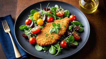 Colorful salad with crispy breaded chicken, cherry tomatoes, lemon slices, and fresh greens on a black plate