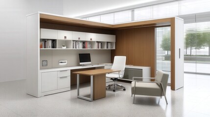 Fototapeta premium Functional design and space efficiency, modern simplicity, A modern office space featuring sleek furniture, clean lines, and a minimalist design, promoting productivity and a professional atmosphere.