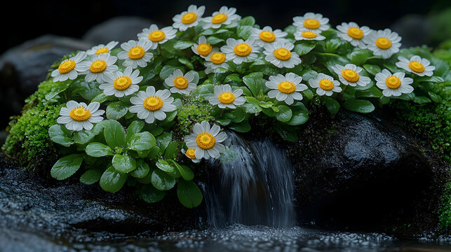 Daisies bloom atop mossy rocks with a cascade of water creating a serene natural scene of tranquility and delicate bea
