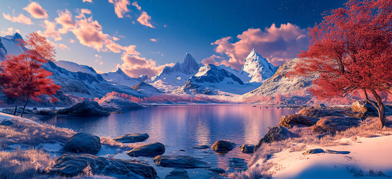 A serene winter landscape featuring snow-capped mountains reflecting in a calm lake under a blue sky with pink-tinged clouds and vibrant red trees.