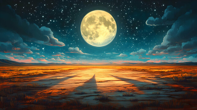 Landscape art with a luminous full moon above a golden field stars twinkling in the blue night sky Shadows stretch acr