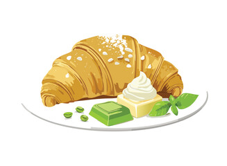 Croissant on White Plate with Butter and Green Tea - Vector Illustration