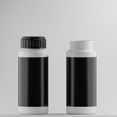 Two white plastic bottles, one capped and one open, feature black labels on a clean white backdrop. This mockup provides a versatile template for showcasing your product branding and design.