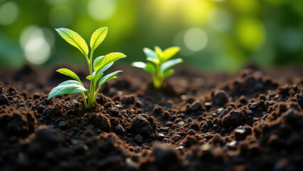 Tiny plants emerging from soil, symbolizing growth and new beginnings in organic agriculture or permaculture.