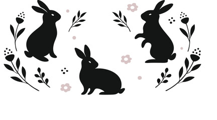 vVector Image Graphic Art Illustration of Cute Black Rabbits with Floral Elements and Leaves