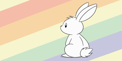 Cute White Bunny Sitting with Rainbow Background Vector Image Graphic Art Illustration of Easter